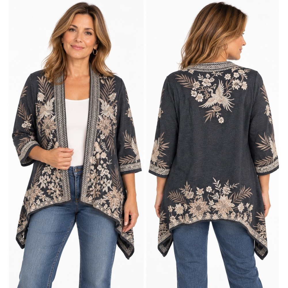Johnny Was Cardigan M Gray Embroidered Cotton Boho Sharkbite Bird Floral Wrap